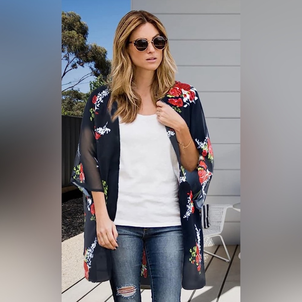 Women Floral Print Puff Sleeve Kimono Cardigan Loose Cover Up Casual Blouse Tops